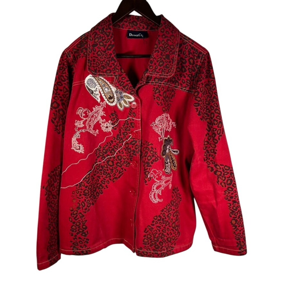 Denim&Co Red Leopard Print Embroidered Button Up Jacket Womens Large